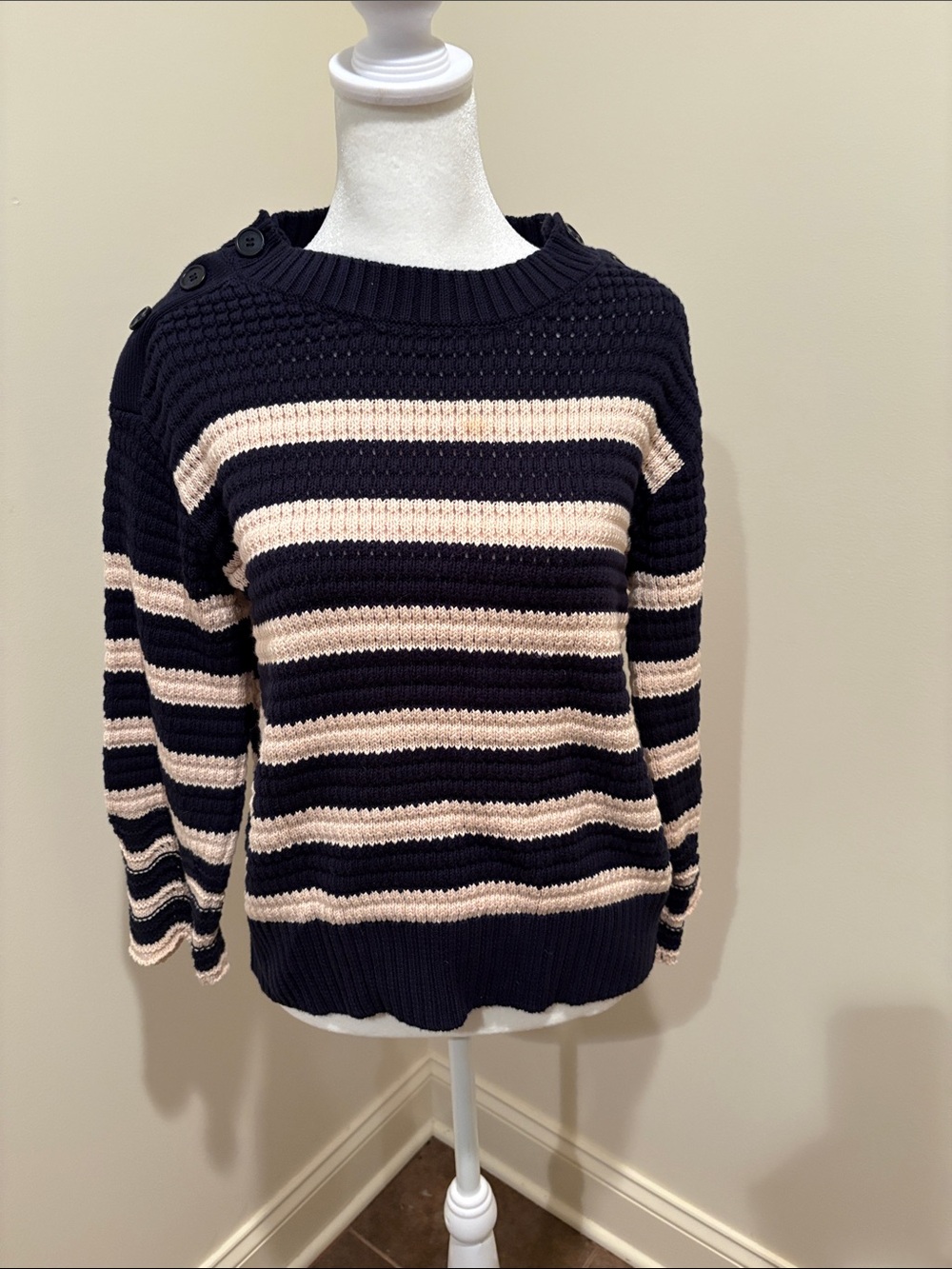 J. Crew Navy and Cream Striped Button-Shoulder Crewneck Sweater